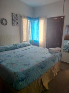 a bedroom with a bed with a blue comforter at Hospedaje Casa de Luna in Tegucigalpa