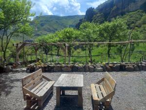 two wooden benches sitting in front of a garden at Сhachkari in Vardzia