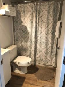 a bathroom with a toilet and a shower curtain at Amazing Studio on Daytona Beach in Daytona Beach