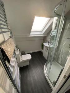 a bathroom with a shower and a toilet and a sink at Tenby hideaway - by the beaches in Tenby