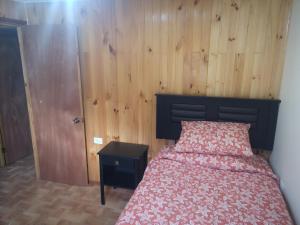 1 dormitorio con 1 cama y pared de madera en Cabaña Jacarandá, en Salamanca