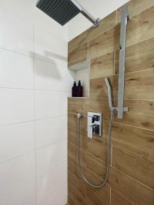 um chuveiro na casa de banho com uma parede de madeira em Myslbekova 17 em Jáma Jindřich