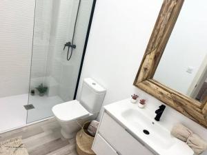 een badkamer met een toilet, een wastafel en een spiegel bij PB Apartamento en pleno centro de Alcoy in Alcoy
