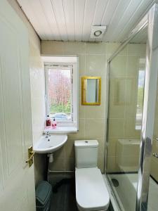 a bathroom with a toilet and a sink and a window at UNIQUE PRIVATE ROOMS in Bolton