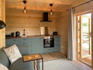 a living room with a couch and a kitchen at Cabin 438 - Clifden in Clifden