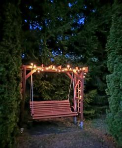 a park bench with lights on it at night at Mazurski Kubryk in Ruciane-Nida