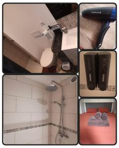 un collage de 4 fotos de un baño con ducha en chambre 2 pas du centre-ville, en Gisors