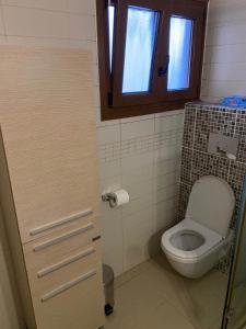 a bathroom with a toilet and a window at Euphoria beach house in Paleo Tsifliki +22 photos