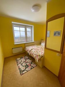 מיטה או מיטות בחדר ב-Rodinný apartmán 3+1 (65 m² ) v plném vybavení se nachází v krásné vesničce Horní Město na úpatí hor v oblasti Jeseníků