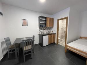 a room with a table and a bed and a kitchen at Apartmani Milenko in Bela Crkva