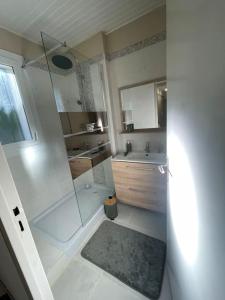 y baño con ducha y lavamanos. en Maison 3chambres ,climatisée, en Nimes