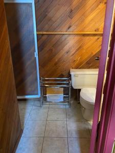 a bathroom with a toilet and a wooden wall at Luisa's guest suite in Keremeos