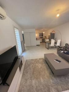 a large living room with a couch and a tv at Maison 3chambres ,climatisée in Nîmes