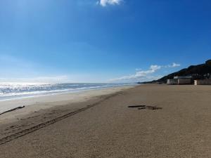 una playa con huellas en la arena y el océano en Il garusolo, en Pineto