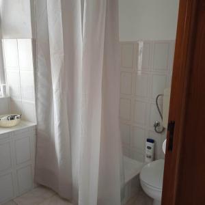 łazienka z zasłoną prysznicową i toaletą w obiekcie Casa Elias w mieście Nordeste