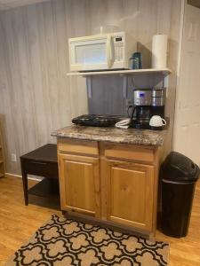 - une cuisine avec un comptoir, un four micro-ondes et une cafetière dans l'établissement secluded apartment, à Hiwassee