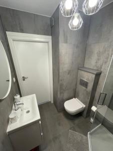 La salle de bains est pourvue de toilettes, d'un lavabo et d'un miroir. dans l'établissement N° 60, à Płock