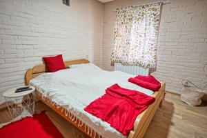 a bedroom with a bed with red sheets and a window at Zmaj Ognjeni Etno Concept in Kupinovo