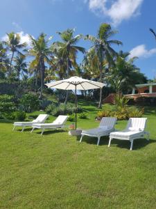 three white lounge chairs and an umbrella in a field at Guestroom los gorgones in Las Galeras
