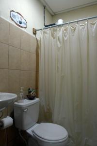 y baño con aseo y cortina de ducha. en Matagalpa Tours Guest House en Matagalpa
