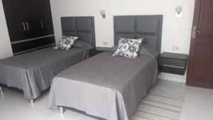 a bedroom with two beds with gray sheets and pillows at Moderno Departamento Céntrico c/ Wifi Empresarial in Tarija