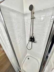 La salle de bains est pourvue d'une douche et de toilettes. dans l'établissement Studio Douillet Hypercentre 12 min de Paris, à Enghien-les-Bains