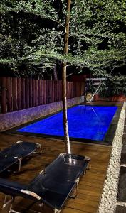 a pool of blue water with two beds next to a tree at Pousada Pipa Soul in Pipa