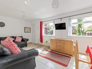 a living room with a leather couch and a television at Self Catering Belfast Apartment in Belfast