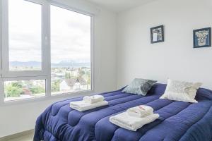 a blue bed in a room with a large window at Gente del Sur - Goleta in Ushuaia