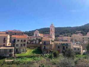 a group of buildings on a hill with a clock tower at Appartement de standing piana in Piana
