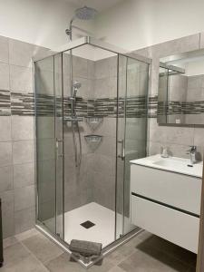 a glass shower in a bathroom with a sink at Appartement de standing piana in Piana
