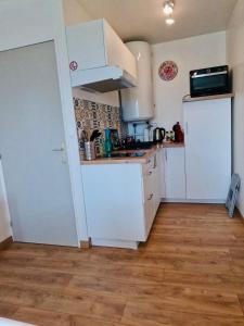 uma pequena cozinha com armários brancos e um frigorífico em Appartement Cosy Joué-Les-Tours em Joué-lés-Tours