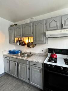 a kitchen with gray cabinets and a sink and a stove at Simple Deluxe Private Room in Anchorage