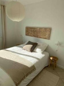 a bedroom with a bed and a pendant light at Bel appartement idéalement situé in Valence