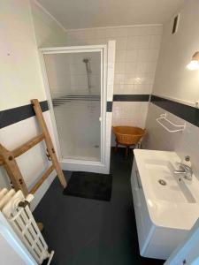 La salle de bains est pourvue d'une douche, d'un lavabo et d'une baignoire. dans l'établissement Bel appartement idéalement situé, à Valence