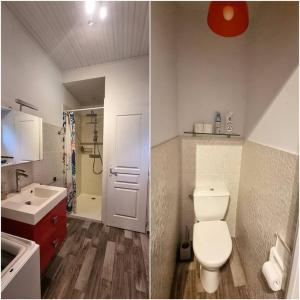 zwei Bilder eines Badezimmers mit Toilette und Waschbecken in der Unterkunft Maison de campagne vue Étang de Thau ! in Frontignan + 18 Fotos