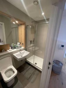 een badkamer met een toilet, een douche en een wastafel bij Vibrant flat in the city centre in Slough