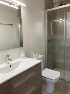 La salle de bains est pourvue d'un lavabo, de toilettes et d'une douche. dans l'établissement Apartamento en Cambrils, à Cambrils