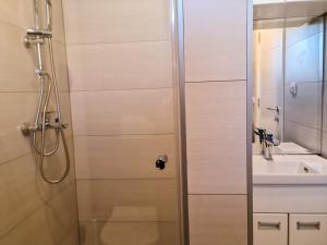 a shower with a glass door next to a sink at Apartman Cookie Kolačić blizu aerodroma Nikola Tesla in Dobanovci +23 photos