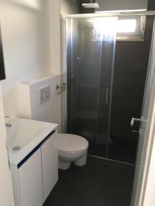 ein Bad mit einer Dusche, einem WC und einem Waschbecken in der Unterkunft Apartmani Kamil in Marina