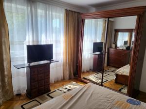 una camera con letto, specchio e TV di Apartament Florilor a Baia Mare