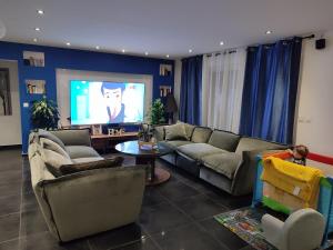 a living room with a couch and a tv at La maison écolo de Nono in Dhuizon