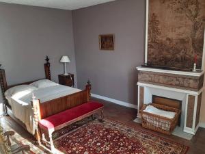 um quarto com uma cama e uma lareira em La Volière em Champigny-sur-Veude