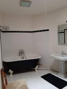 uma casa de banho com uma banheira em preto e branco e um lavatório. em La Volière em Champigny-sur-Veude