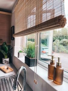 een aanrecht met een wastafel en een raam bij Hollybush Apartment, by Solace Stays in Newport