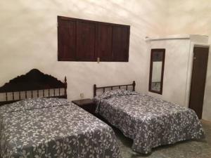 a bedroom with two beds and a mirror at Casa de vacaciones rancho la chingada in Tecolutla