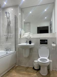 La salle de bains est pourvue de toilettes, d'un lavabo et d'une douche. dans l'établissement Brand New Posh 1 Bed Lakeside Flat No parties No Events, à West Thurrock