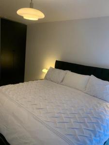 a large white bed in a bedroom with a light at Brand New Posh 1 Bed Lakeside Flat No parties No Events in West Thurrock