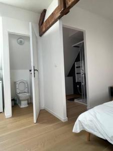 ein Schlafzimmer mit einem Bett und einem WC in einem Zimmer in der Unterkunft Studio à Centre ville de BRIVE LA GAILLARDE in Brive-la-Gaillarde