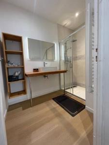 ein Bad mit einem Waschbecken und einer Glasdusche in der Unterkunft Appartement T2 à centre ville in Brive-la-Gaillarde